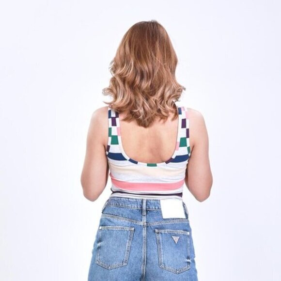 NWT Guess heather grey & multicolour stripe logo tank bodysuit, XS - Picture 6 of 11